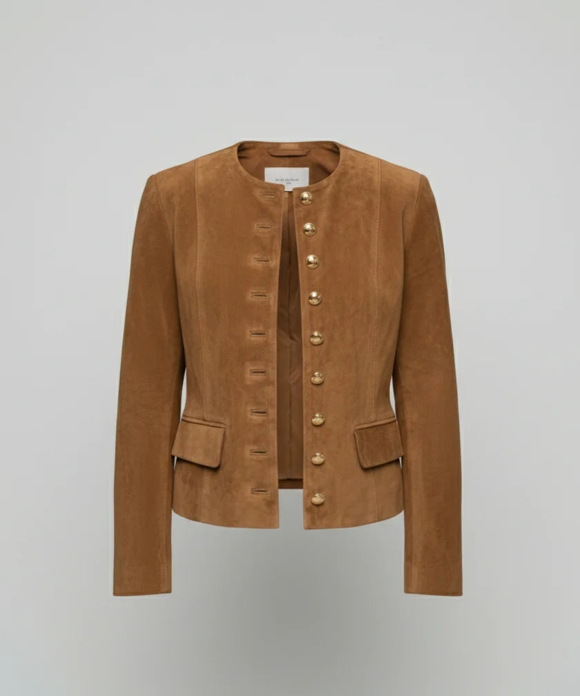 Women's faux suede jacket featuring an elegant fitted collarless design and stylish gold buttons, perfect for a smart casual look. 4