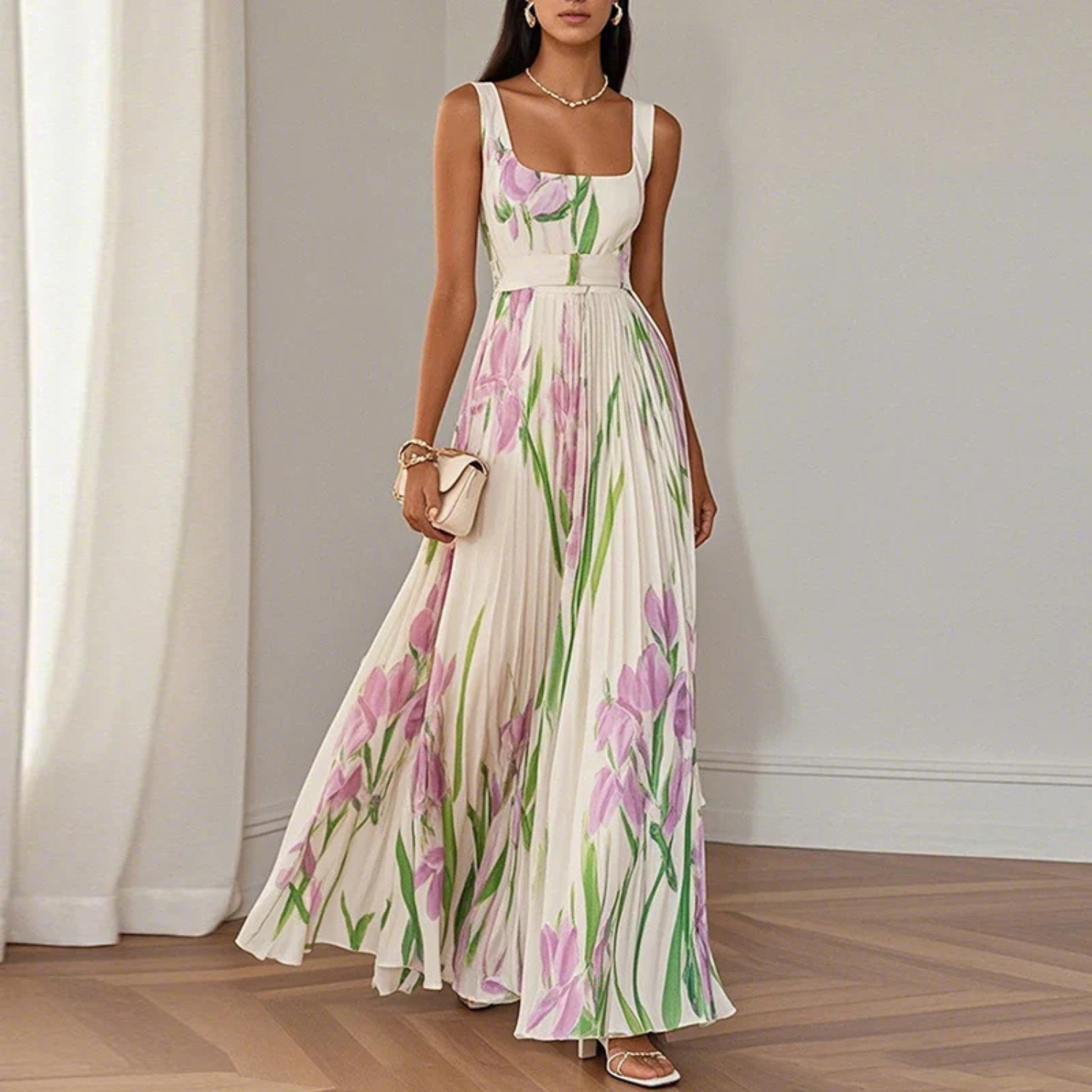 Women's floral maxi dress featuring a pleated skirt and square neckline, perfect for elegant summer events and weddings. 2