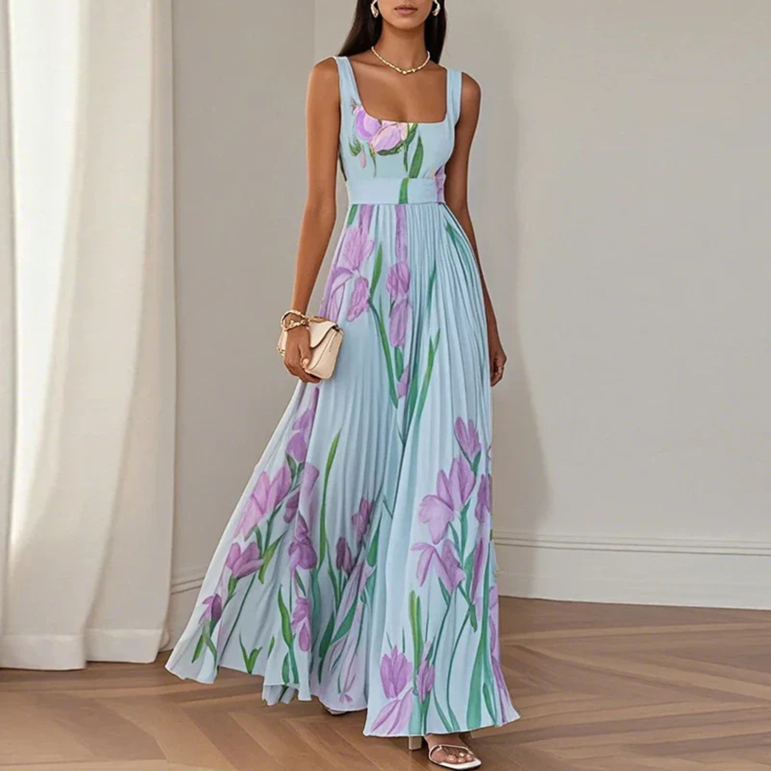 Women's floral maxi dress featuring a pleated skirt and square neckline, perfect for elegant summer events and weddings. 4