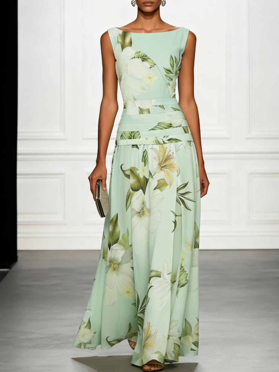 Women's floral maxi dress featuring a sleeveless design, perfect for summer weddings and formal events, made from elegant lightweight fabric. 1