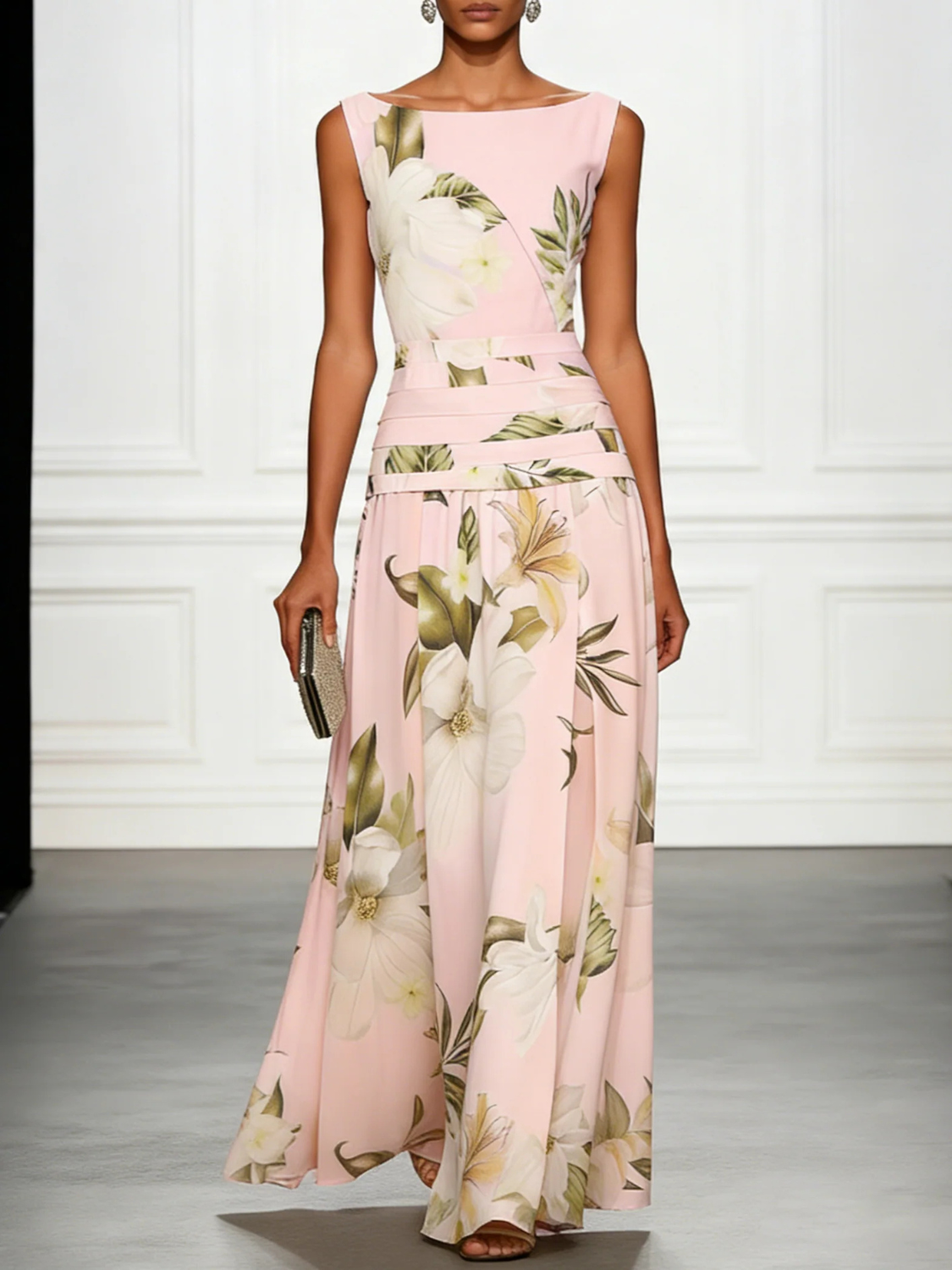 Women's floral maxi dress featuring a sleeveless design, perfect for summer weddings and formal events, made from elegant lightweight fabric. 2