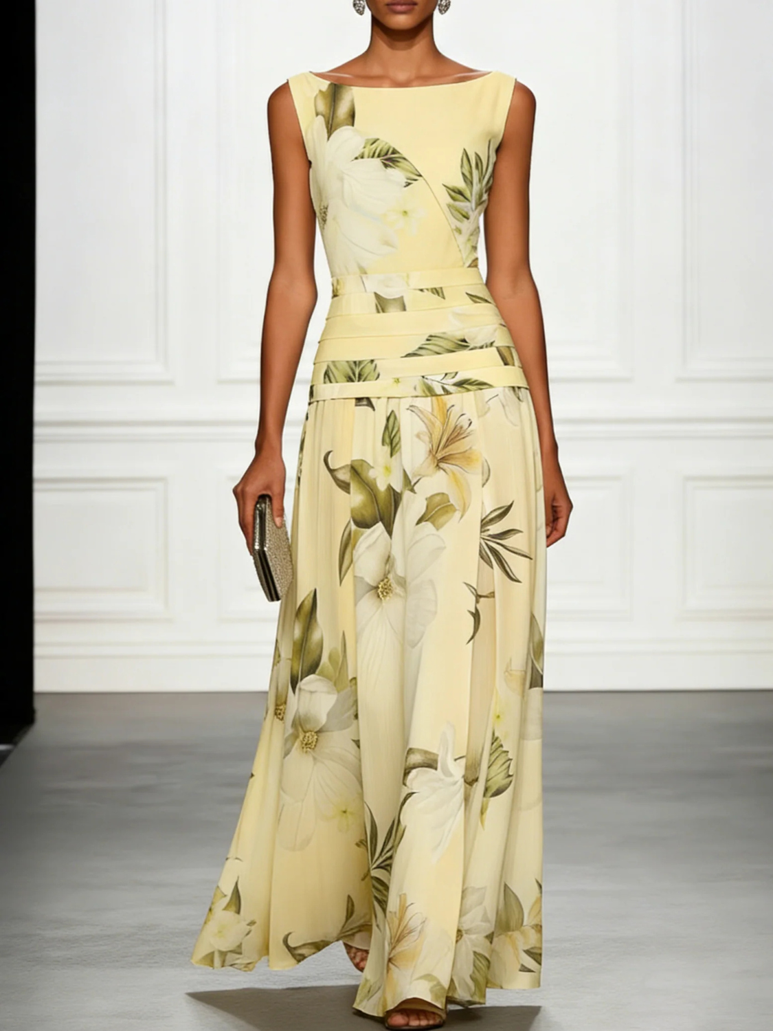 Women's floral maxi dress featuring a sleeveless design, perfect for summer weddings and formal events, made from elegant lightweight fabric. 3
