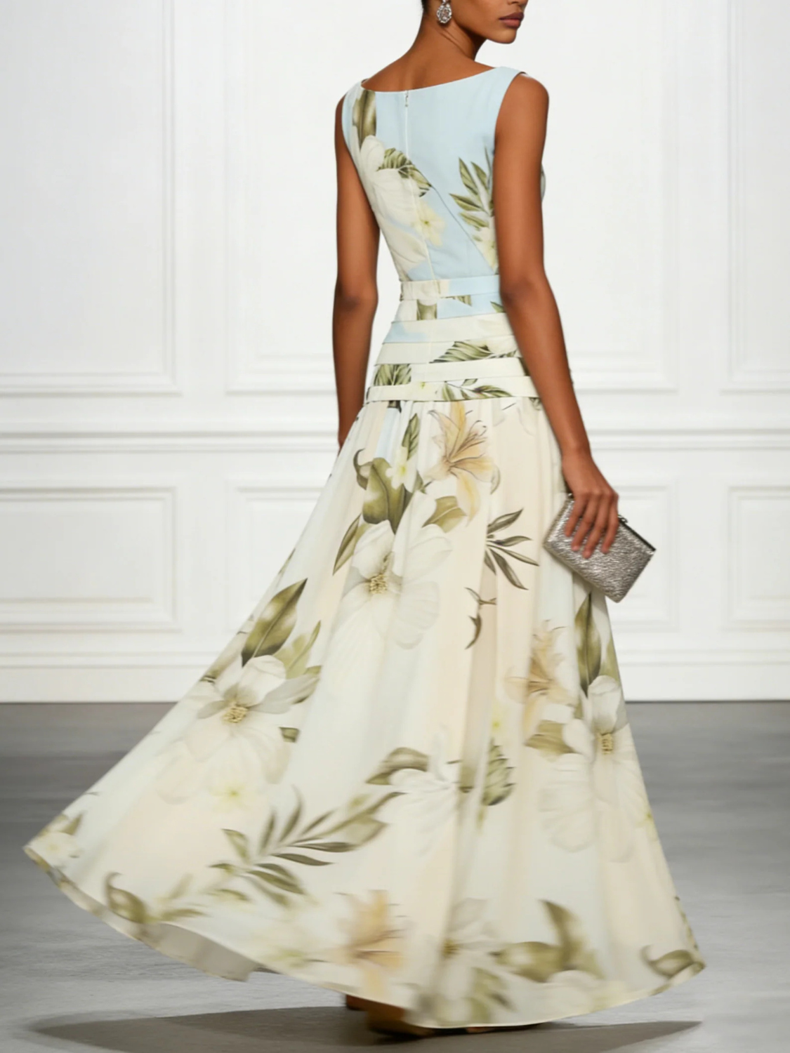 Women's floral maxi dress featuring a sleeveless design, perfect for summer weddings and formal events, made from elegant lightweight fabric. 4