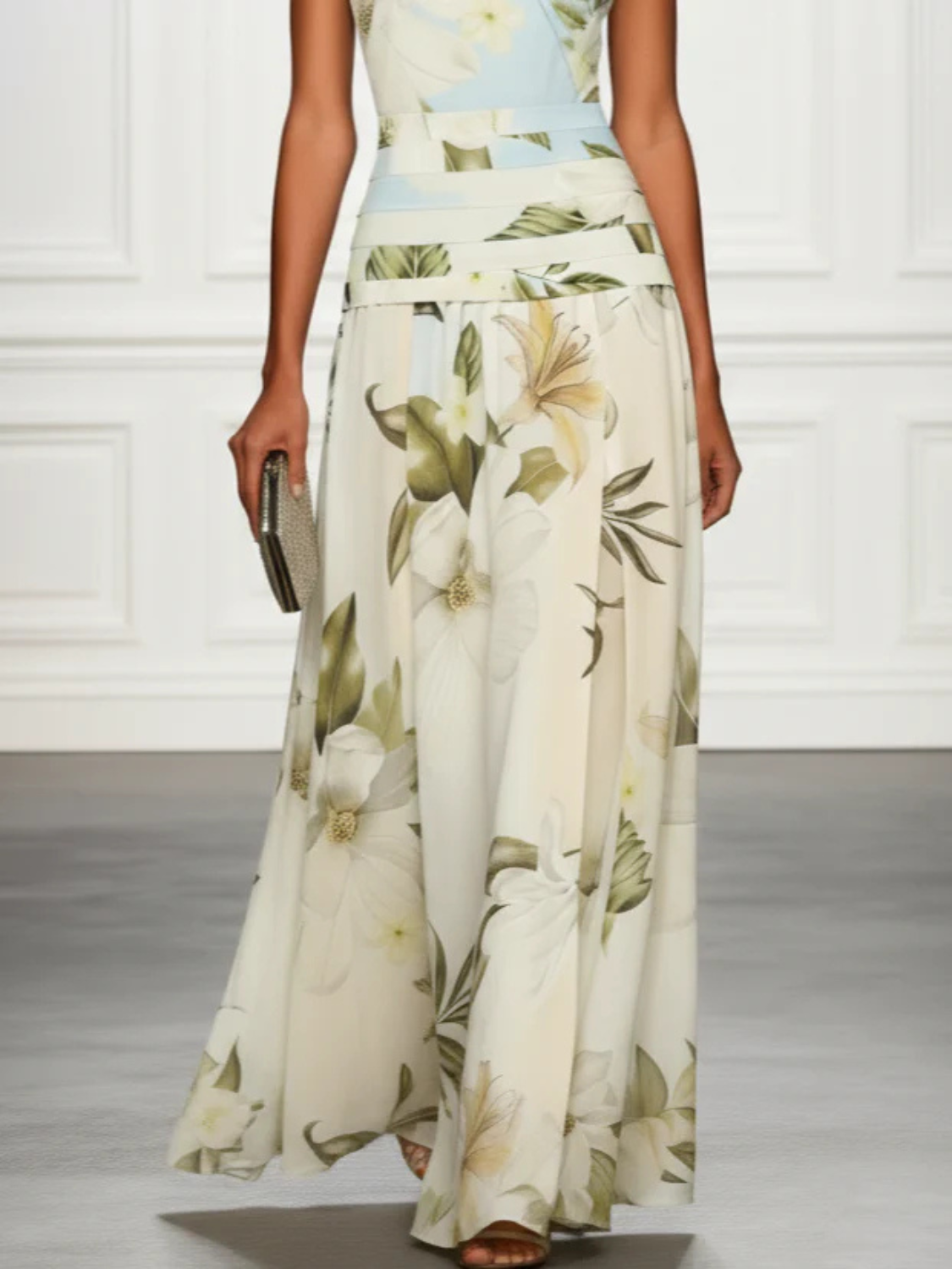 Women's floral maxi dress featuring a sleeveless design, perfect for summer weddings and formal events, made from elegant lightweight fabric. 5