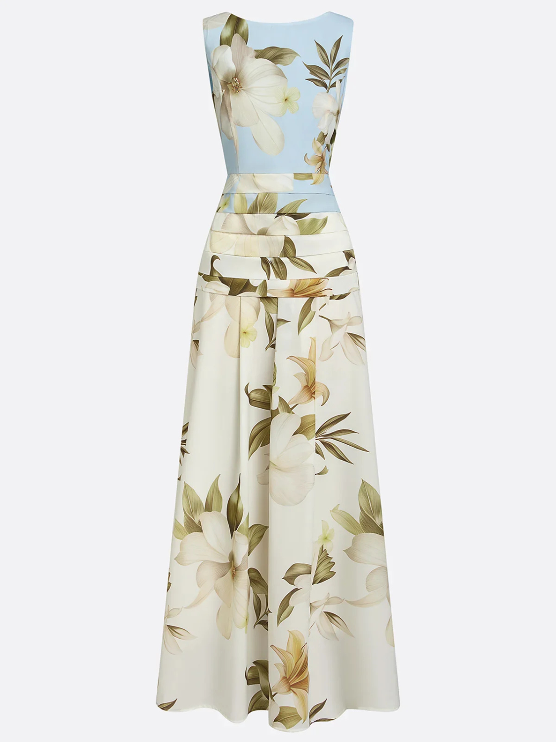 Women's floral maxi dress featuring a sleeveless design, perfect for summer weddings and formal events, made from elegant lightweight fabric. 6