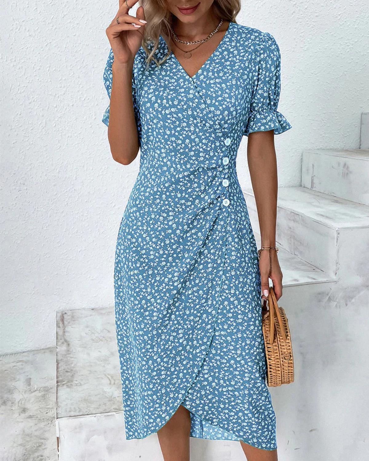 Women's floral midi dress featuring a wrap silhouette and V-neckline, perfect for summer wear; lightweight and comfortable fabric ideal for warm weather outings. 1