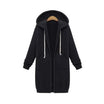 Women's longline cozy sweatshirt featuring an adjustable drawstring hood and front pockets, perfect for layering in cool weather. 0