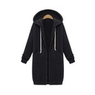 Women's longline cozy sweatshirt featuring an adjustable drawstring hood and front pockets, perfect for layering in cool weather. 0