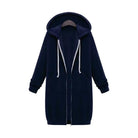 Women's longline cozy sweatshirt featuring an adjustable drawstring hood and front pockets, perfect for layering in cool weather. 10