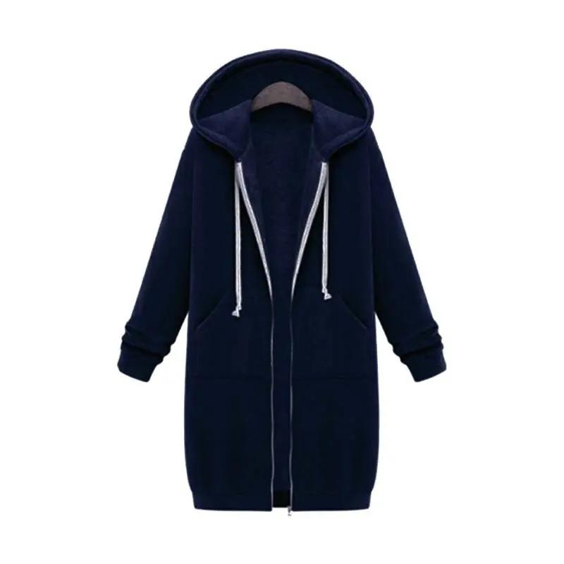 Women's longline cozy sweatshirt featuring an adjustable drawstring hood and front pockets, perfect for layering in cool weather. 10