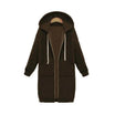 Women's longline cozy sweatshirt featuring an adjustable drawstring hood and front pockets, perfect for layering in cool weather. 2