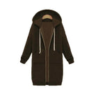 Women's longline cozy sweatshirt featuring an adjustable drawstring hood and front pockets, perfect for layering in cool weather. 2