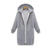 Women's longline cozy sweatshirt featuring an adjustable drawstring hood and front pockets, perfect for layering in cool weather. 3
