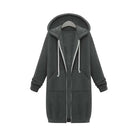 Women's longline cozy sweatshirt featuring an adjustable drawstring hood and front pockets, perfect for layering in cool weather. 5