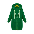 Women's longline cozy sweatshirt featuring an adjustable drawstring hood and front pockets, perfect for layering in cool weather. 6