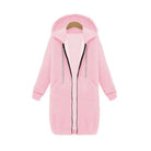 Women's longline cozy sweatshirt featuring an adjustable drawstring hood and front pockets, perfect for layering in cool weather. 8