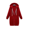 Women's longline cozy sweatshirt featuring an adjustable drawstring hood and front pockets, perfect for layering in cool weather. 9