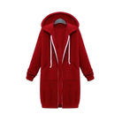 Women's longline cozy sweatshirt featuring an adjustable drawstring hood and front pockets, perfect for layering in cool weather. 9