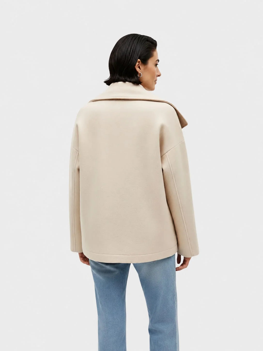Women's wool-feel short coat featuring an oversized collar and stylish wrap-front design, perfect for smart-casual occasions. 3