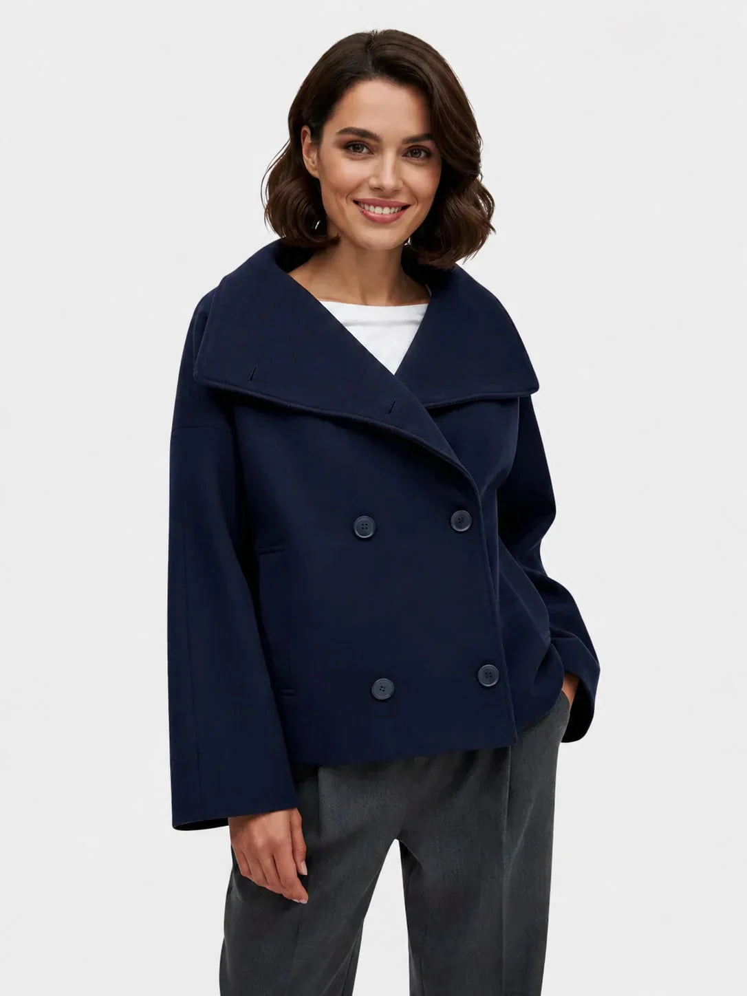 Women's wool-feel short coat featuring an oversized collar and stylish wrap-front design, perfect for smart-casual occasions. 4