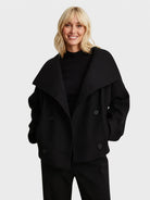 Women's wool-feel short coat featuring an oversized collar and stylish wrap-front design, perfect for smart-casual occasions. 6