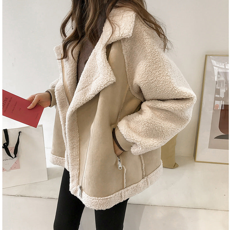 Women's oversized aviator winter coat in beige and brown featuring plush fleece lining and an asymmetric zip design, perfect for stylish warmth in colder months. 0