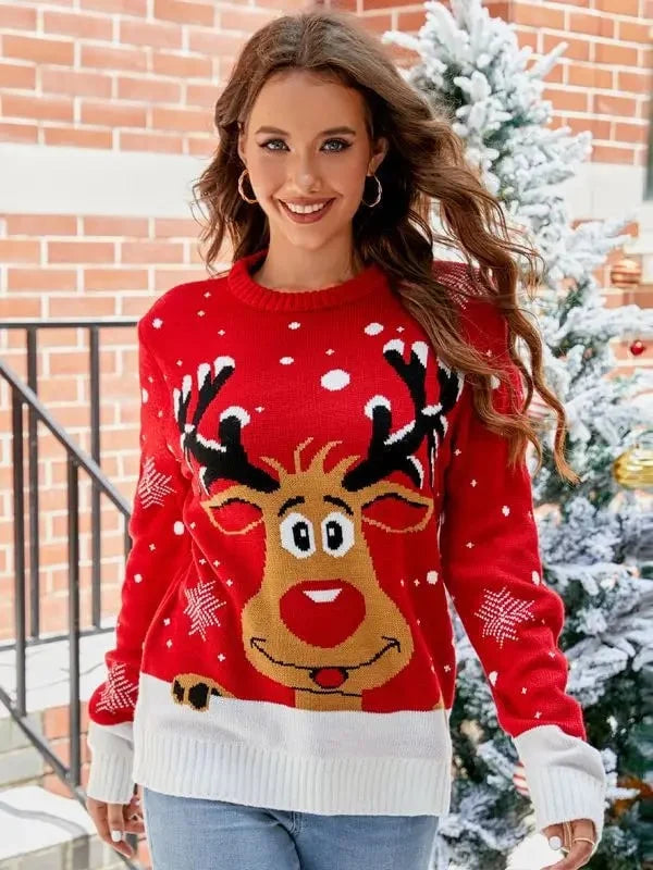 Women's Jumper with Animal Print Design, featuring a crew neck and knitted texture, perfect for casual winter wear. 5
