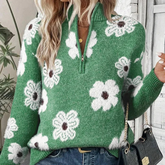 Women's Jumper with Collared Half-Zip and Daisy Floral Pattern – Relaxed Fit Knit Sweater for Autumn/Winter 2