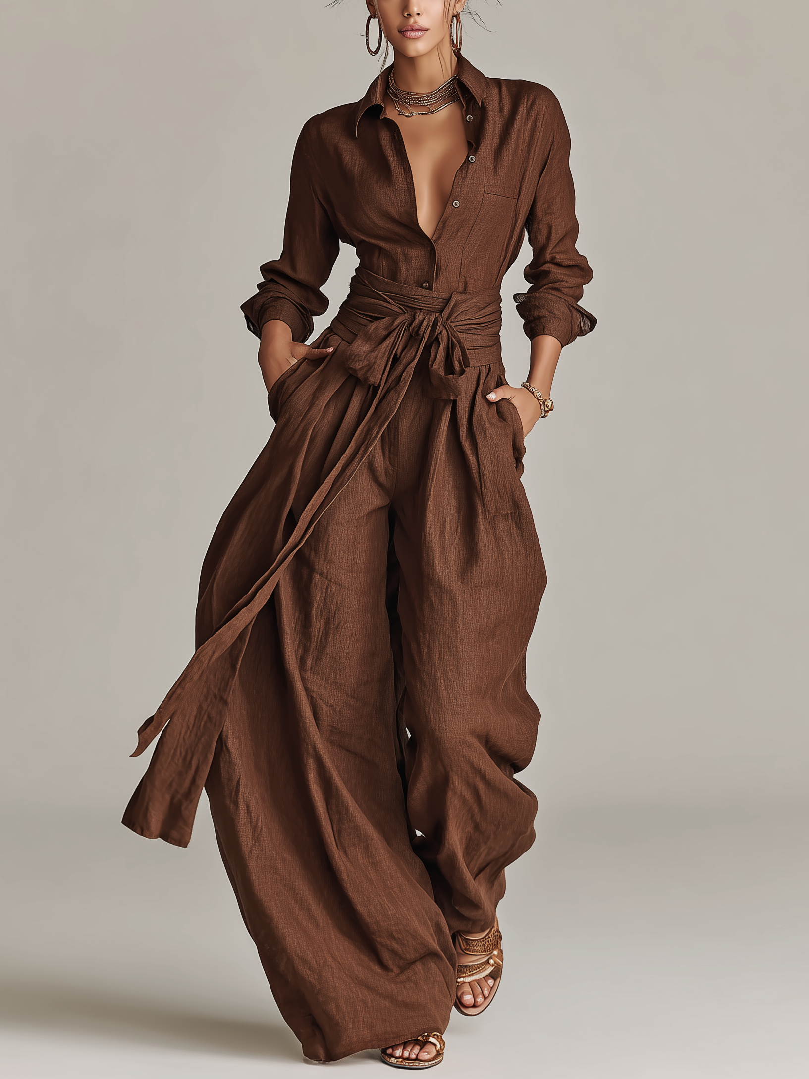 Women's jumpsuit featuring a stylish belt and shirt collar, crafted from a breathable cotton-linen blend, designed with long sleeves for versatility and comfort. 0
