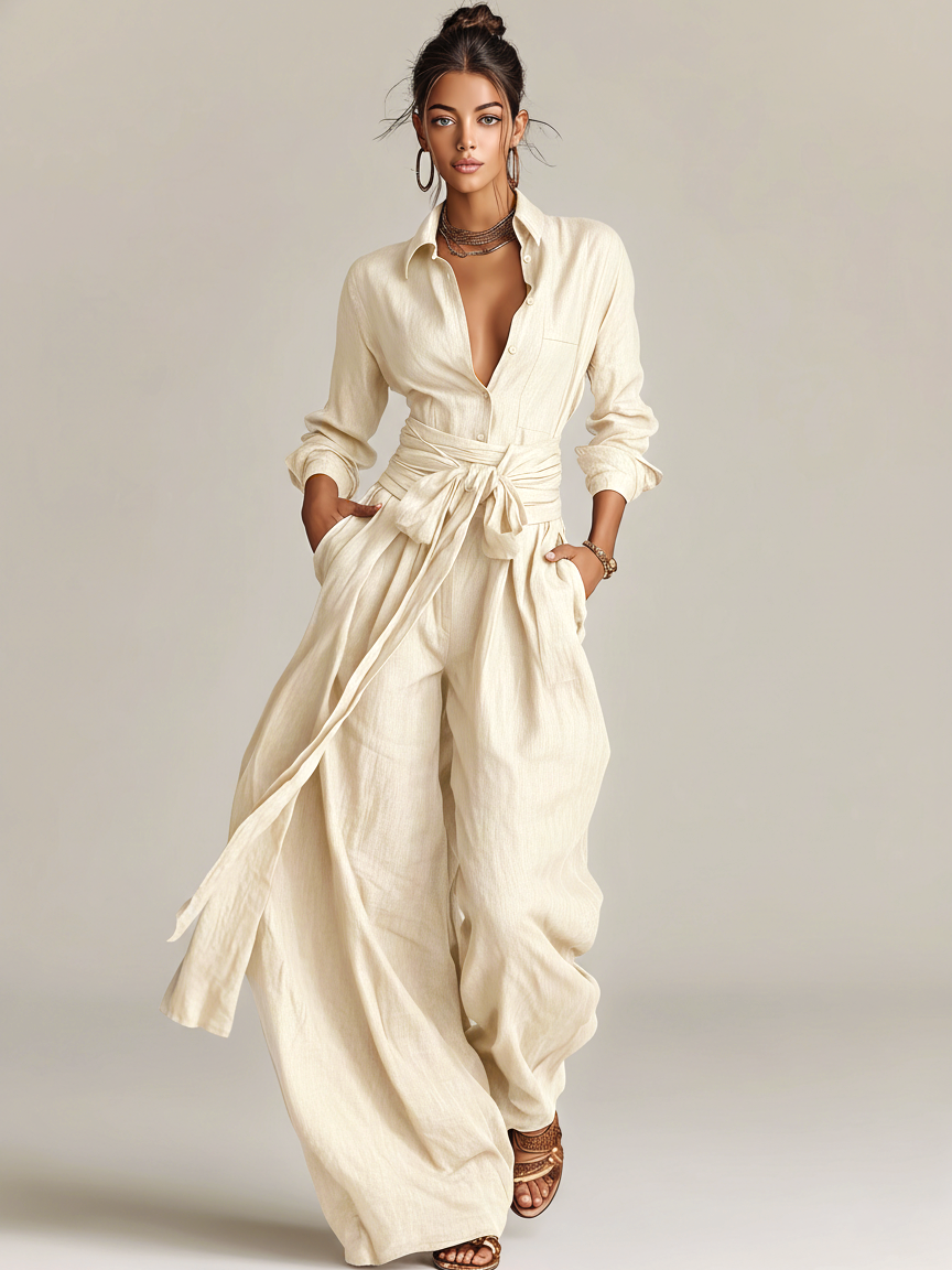 Women's jumpsuit featuring a stylish belt and shirt collar, crafted from a breathable cotton-linen blend, designed with long sleeves for versatility and comfort. 4