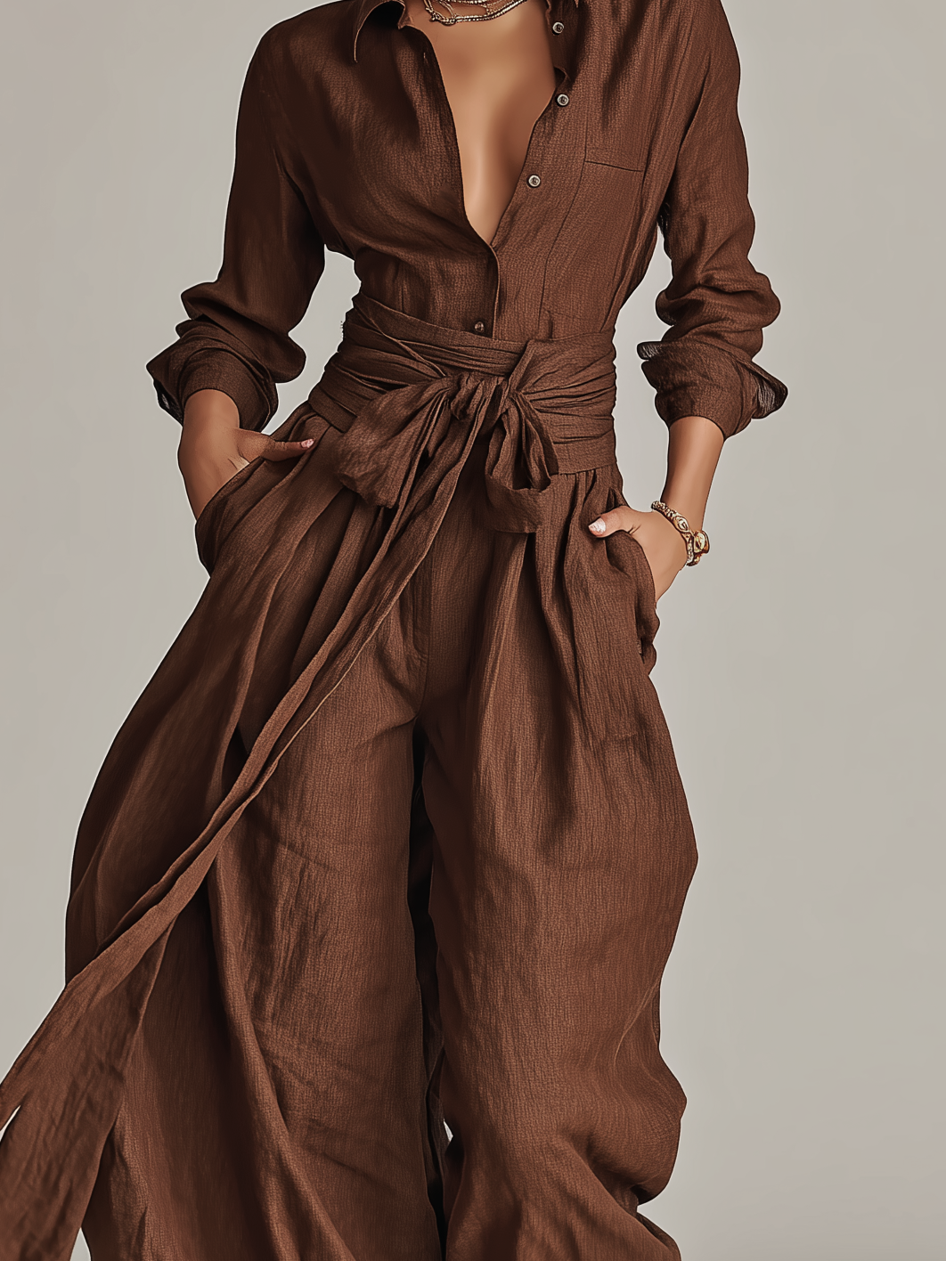 Women's jumpsuit featuring a stylish belt and shirt collar, crafted from a breathable cotton-linen blend, designed with long sleeves for versatility and comfort. 6