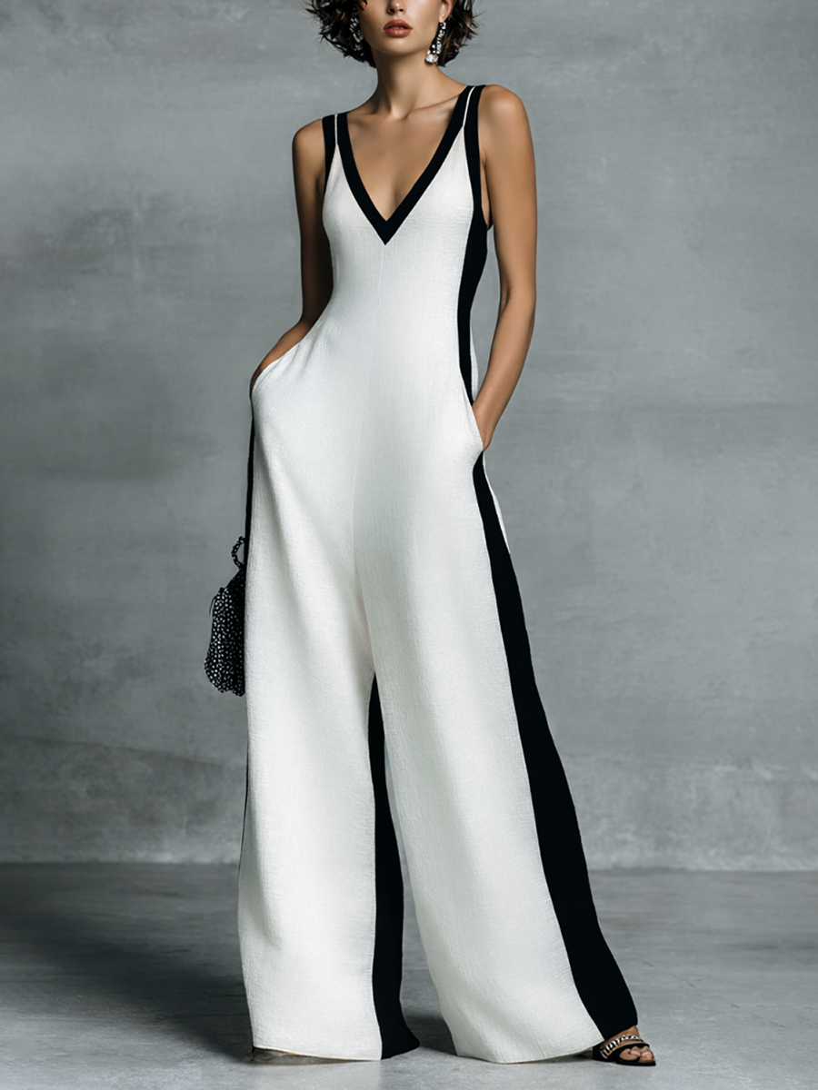 Women's black and white patchwork cotton linen jumpsuit featuring a wide-leg fit and deep V-neck design, perfect for casual or chic occasions. 0