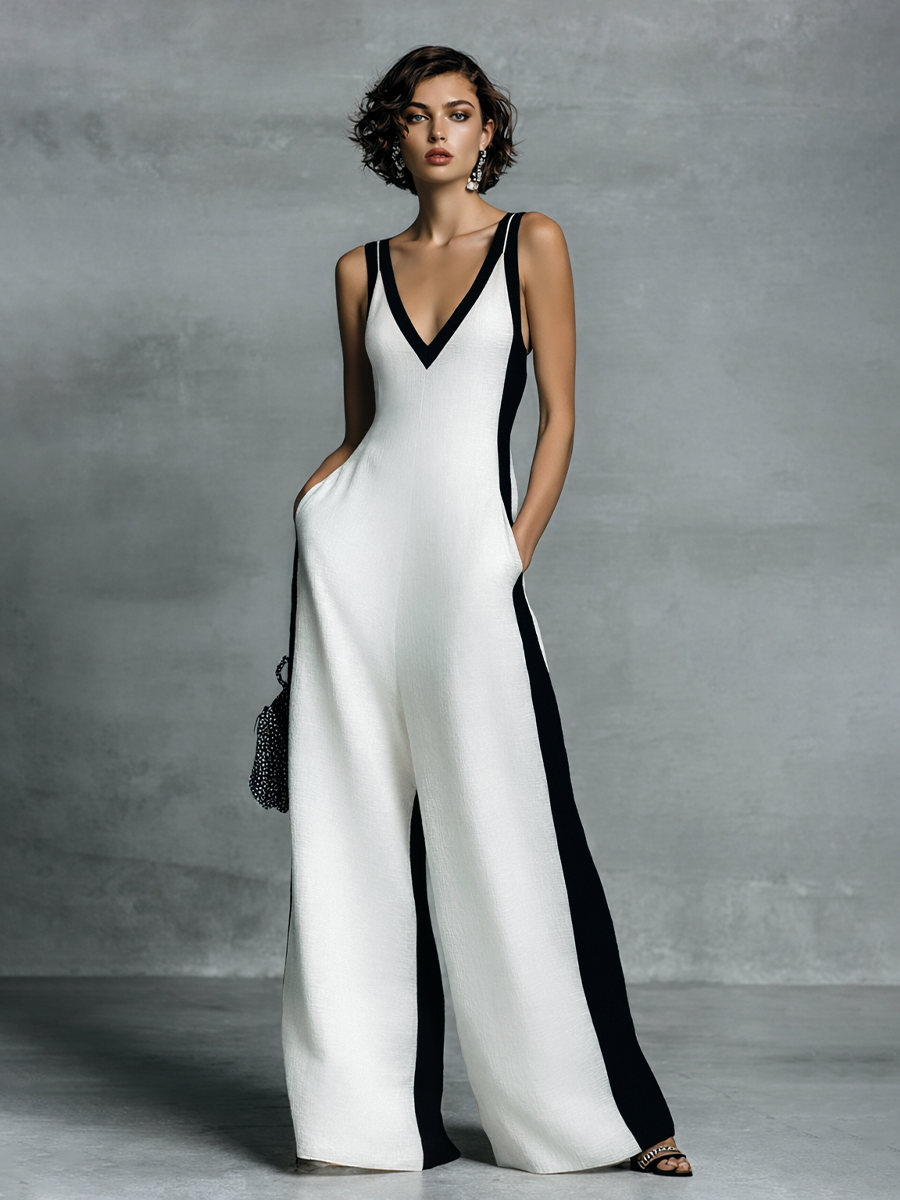 Women's black and white patchwork cotton linen jumpsuit featuring a wide-leg fit and deep V-neck design, perfect for casual or chic occasions. 1