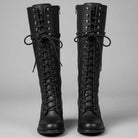 Women's black faux leather knee-high boots featuring a lace-up front, block heel, and stylish stud detail. 0
