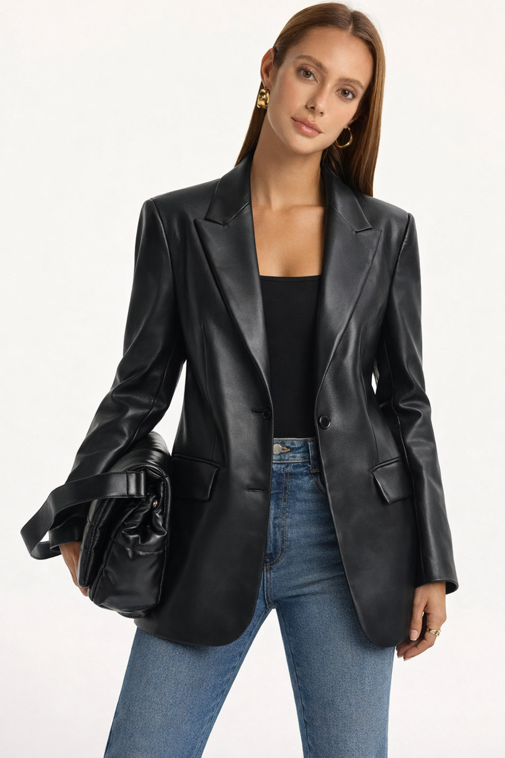 Elegant black women's leather blazer featuring a single-breasted design, perfect for versatile styling in both casual and formal settings. 0