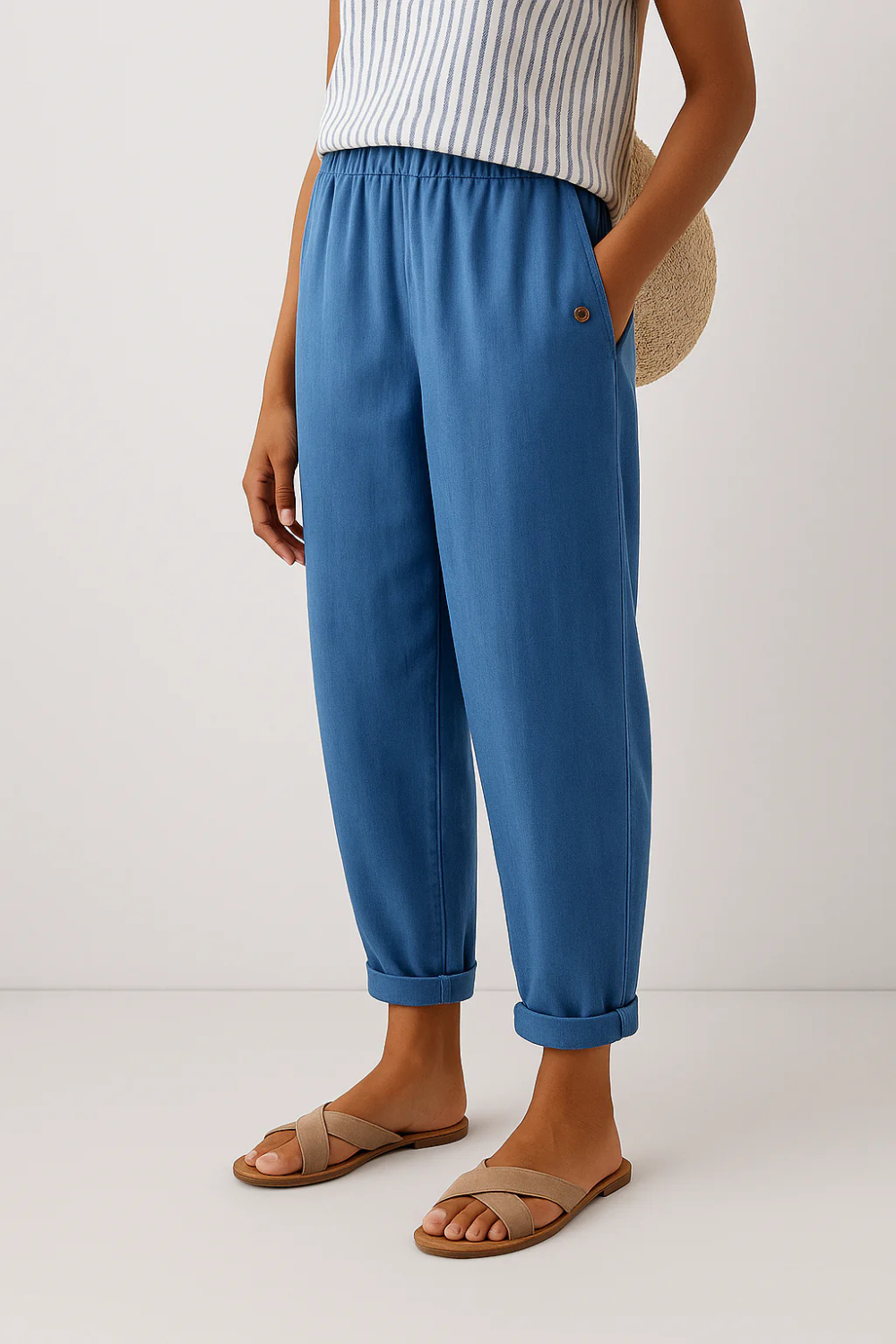 Women's linen pants featuring an elastic waistband and tapered design, perfect for casual wear; breathable and lightweight fabric ideal for warm weather. 2