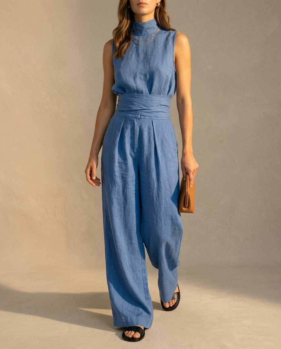 Women's linen two-piece set featuring a relaxed fit mock turtleneck top and high-rise wide-leg pants, crafted from breathable fabric in a natural color, 0
