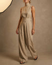 Women's linen two-piece set featuring a relaxed fit mock turtleneck top and high-rise wide-leg pants, crafted from breathable fabric in a natural color, 1
