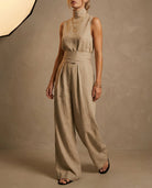 Women's linen two-piece set featuring a relaxed fit mock turtleneck top and high-rise wide-leg pants, crafted from breathable fabric in a natural color, 1