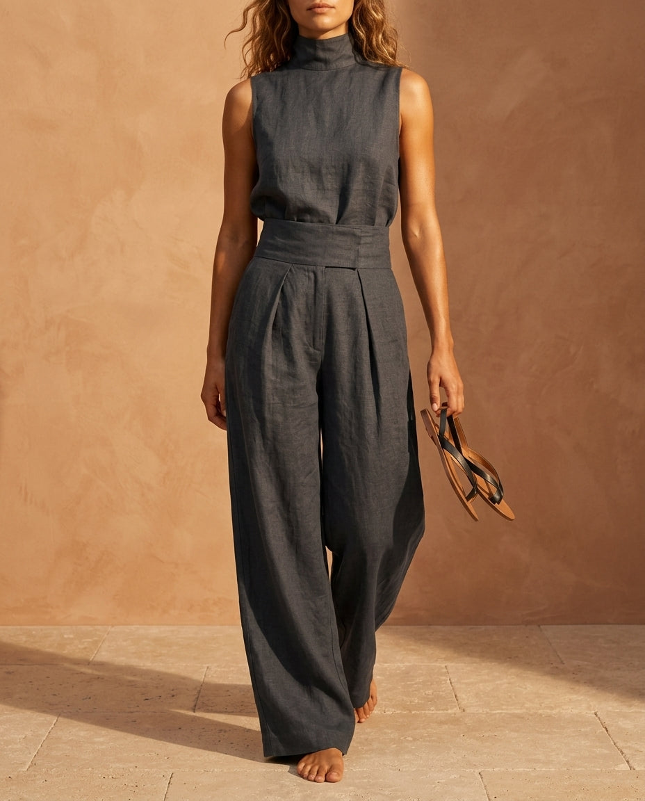 Women's linen two-piece set featuring a relaxed fit mock turtleneck top and high-rise wide-leg pants, crafted from breathable fabric in a natural color, 2