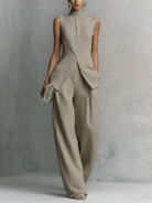 Women's Linen Two-Piece Set with Stand-Up Collar Top and Wide-Leg Trousers – Breathable Cotton-Linen Blend 3