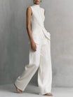 Women's Linen Two-Piece Set with Stand-Up Collar Top and Wide-Leg Trousers – Breathable Cotton-Linen Blend 6