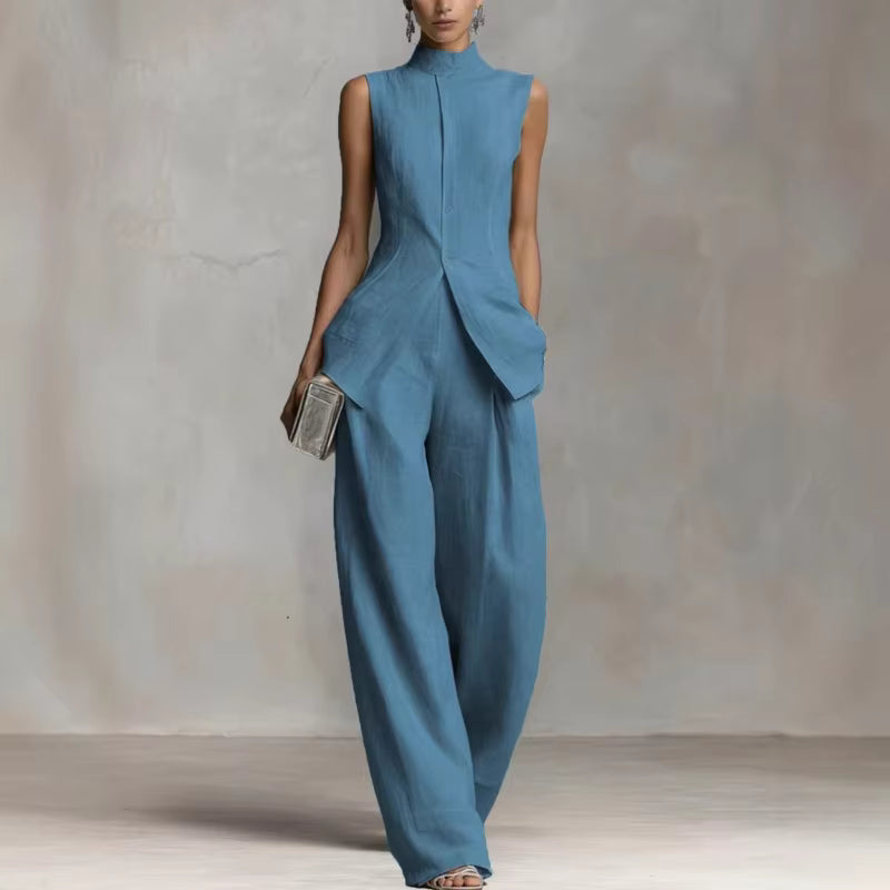 Women's Linen Two-Piece Set with Stand-Up Collar Top and Wide-Leg Trousers – Breathable Cotton-Linen Blend 8