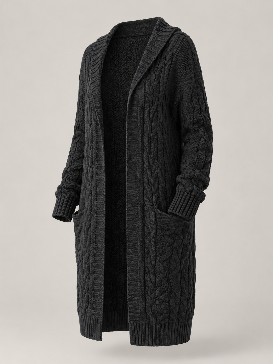 Women's long cardigan sweater featuring a cozy hood and functional pockets, designed with a chunky cable knit pattern and an open front for a stylish and comfortable look. 0