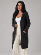 Women's long cardigan sweater featuring a cozy hood and functional pockets, designed with a chunky cable knit pattern and an open front for a stylish and comfortable look. 8