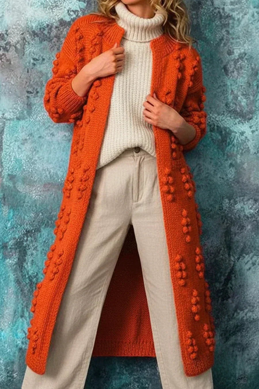 Women's long cardigan featuring a cozy open front design, stylish bobble knit texture, and practical pockets, available in eight vibrant colors. 4
