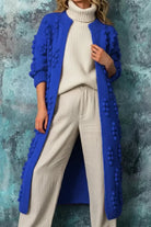 Women's long cardigan featuring a cozy open front design, stylish bobble knit texture, and practical pockets, available in eight vibrant colors. 5