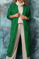 Women's long cardigan featuring a cozy open front design, stylish bobble knit texture, and practical pockets, available in eight vibrant colors. 6