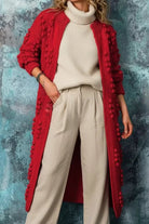 Women's long cardigan featuring a cozy open front design, stylish bobble knit texture, and practical pockets, available in eight vibrant colors. 7