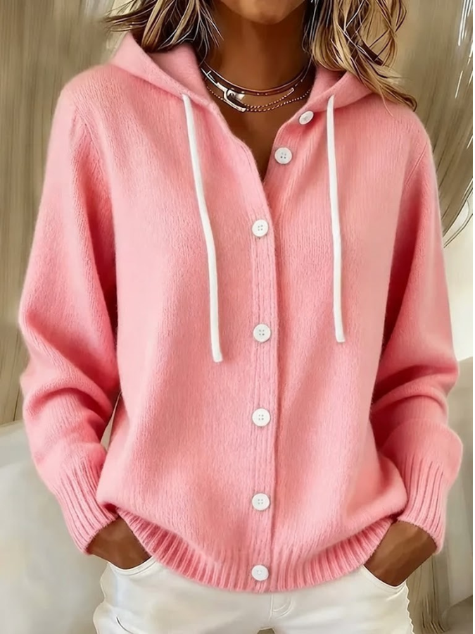Women's long cardigan featuring a button-front closure and attached hood, crafted from soft knit fabric for a relaxed fit, perfect for layering in cool weather. 0